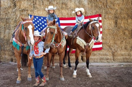 A Cowgirl's Life Begins.. - fun, female, boots, hats, brunettes, western, girls, Americana, cowgirl, style, outdoors, horses, blondes, hay, ranch, flag