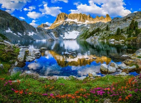 Sunrise on Minarets from Iceberg Lake - lake, sky, california, landscape, mountain, rocks, serenity, iceberg, wilderness, reflection, beautiful, sunrise, wildflowers, cliffs