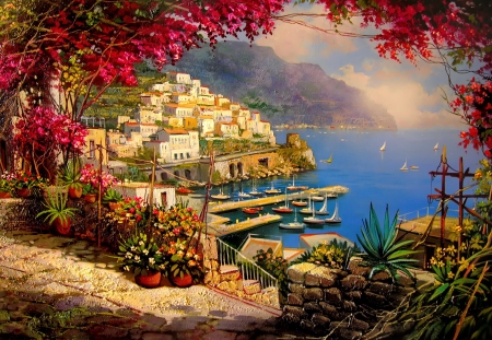 Mediterranean view - pretty, summer, coast, hatrbor, terrace, spring, view, port, art, houses, beautiful, mediterraneo, sea, pier, village, boats, painting