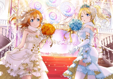 Honoka and Eli - anime girls, wedding, female, love live, beautiful girls, bride, bouquet, honoka kousaka, eli ayase, anime, school idol project, flowers, cute