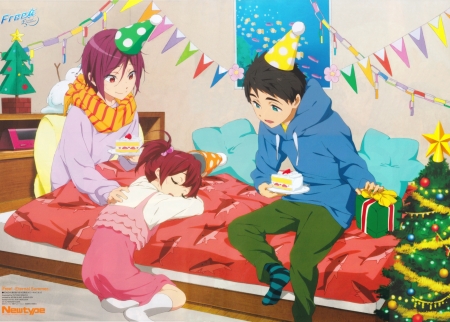 Free! - male, female, rin matsuoka, sosuke yamamoto, gou matsuoka, cake, free iwatobi swim club, free, anime, cute, chirstmas