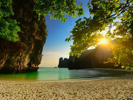 Sea Bay at Sunset - trees, cove, sunset, Nature, rock, sea, sand