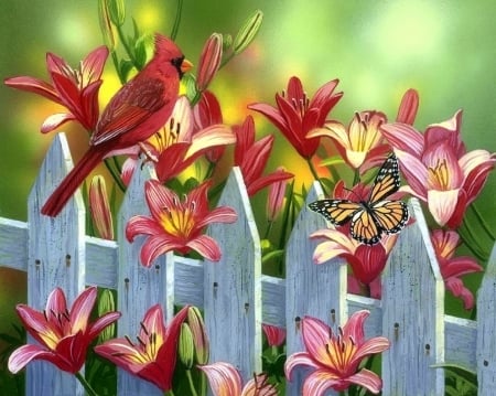 Cardinal and Lilies - lilies, fence, animals, summer, spring, nature, love four seasons, butterfly, cardinal, paintings, butterfly designs, flowers, birds