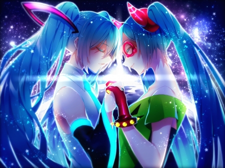 Hatsune Miku - anime, vocaloid, blue, girl, hatsune miku, manga, 1055, red, green, couple