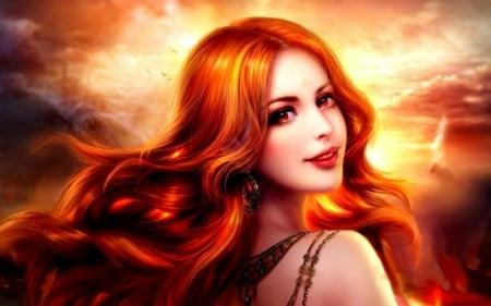 Fantasy girl - frumusete, sorceress, fantasy, redhead, girl, orange, luminos, red eyes