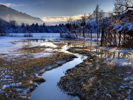 Early Spring - clouds, trees, water, Nature, snow, spring, mountains