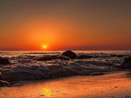 Beauty of the Sea Sunset - sunset, nature, beach, waves, sea, reflection, rocks