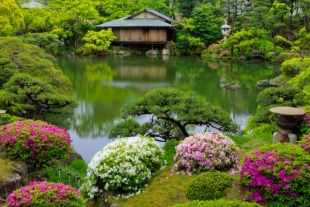 Japanese spring - greenery, reflections, trees, pond, cabin, beautiful, spring, flowers, japan, green, serenity, lake, park