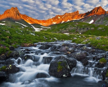 Mountain Stream in the Spring - clouds, stone, water, nature, spring, grass, mountains