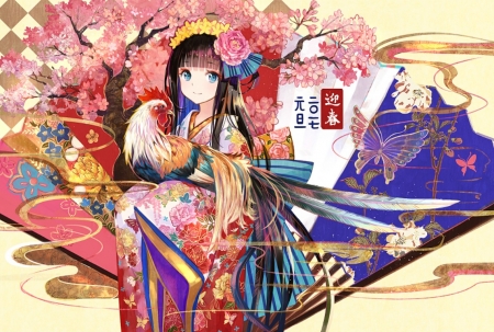 Year of the Rooster - anime, fuji chocko, blue, chinese zodiac, girl, 2017, pink, yerar, manga, rooster