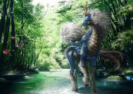 Dragon - fantasy, dragon, blue, natures breath, green, art, dekunobou kizakura, luminos