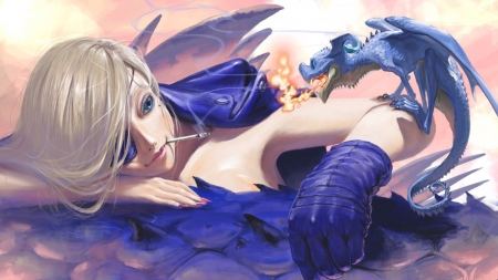 Play with fire - girl, luminos, blue, dragon, dekunobou kizakura, fantasy, blonde