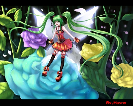 Hatsune Miku - flower, rose, yellow, anime, girl, blue, manga, hayne, hatsune miku, green