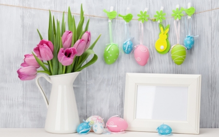 Eggs Colorfull - eggs, happy easter, colorfull, holiday, decoration, pink tulips, bouquet