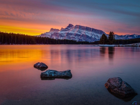 Two Jack Lake, Banf, Canada - nature, lake, reflection, canada, banf, sunset, rocks