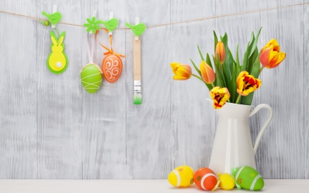 Easter - easter, tulips, tender, spring, wood, eggs, yellow, decoration, happy