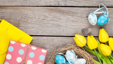 Easter Eggs - easter, eggs, tulips, wood