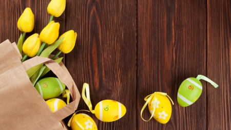 Easter Eggs - easter, eggs, tulips, wood