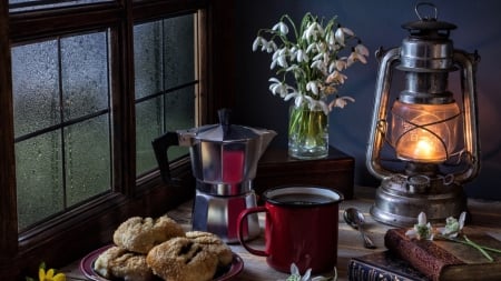 Still Life - table, food, lamp, still life