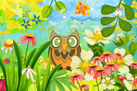 Owl's Paradise - leaves, flowers, owl, plants