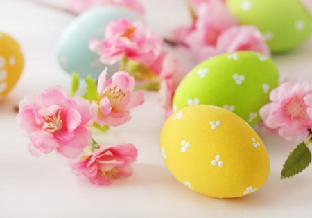 Happy Easter! - easter, yellow, green, egg, card, flower, pink, dot