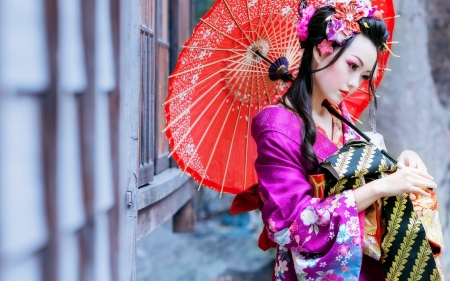 Geisha - woman, parasol, girl, colorful, asian, model, geisha, red, umbrella, pink, kimono