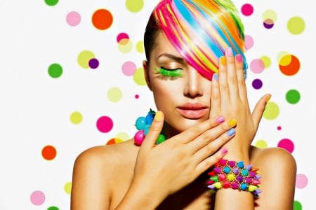 Beauty - face, dot, pink, model, sweet, yellow, jewel, girl, blue, anna subbotina, rainbow, makeup, woman, colorful, green