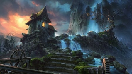 The Hut - game, fantasy, waterfall, forest, vityar83, hut, luminos