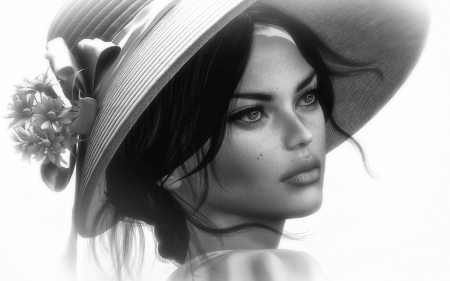 Beauty - beauty, rendering, hat, girl, bw, fantasy, black, face, white, luminos