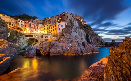 A City on a Rock,Italy - sky, light, manarola, nature, reflection, clouds, city, rock, sea