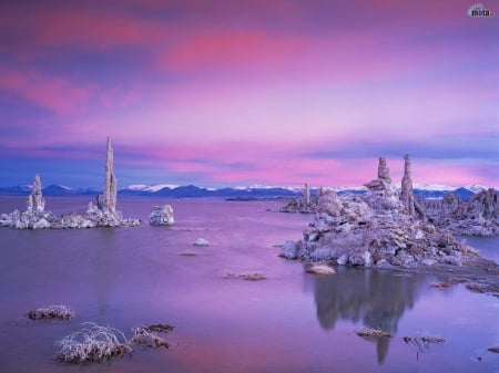 Twilight Over South Tufa Grove,California - nature, tufa, lake, grova, snow, twilight, mountains