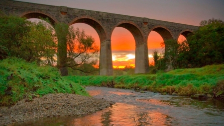 Railroad Bridge in Ireland - river, trees, sunset, water, landscape, reflection