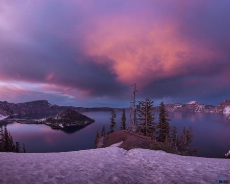 Winter Sky Over the Mountain - nature, lake, evening, mountain, snow, water