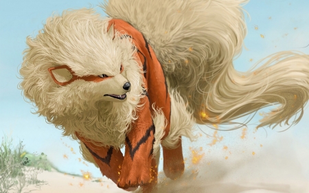 Arcanine - white, arcanine, pokemon, luminos, creature, orange, dekunobou kizakura, fantasy