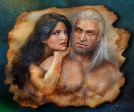 The Witcher - love, couple, girl, yennefer, fantasy, the witcher, geralt, witch, art, game, man, luminos, alenaekaterinburg