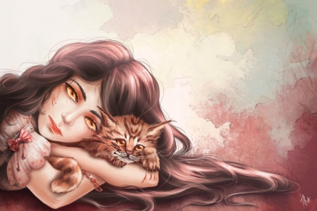 My tender beast - pisica, animal, fantasy, pink, tira owl, cat, luminos, girl