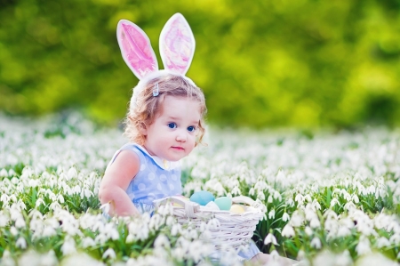 Happy Easter! - ears, girl, snowdrops, spring, flower, bunny, copil, sweet, child, funny, green, cute, field, little, egg