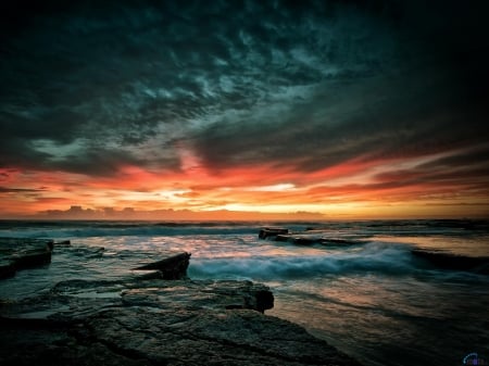 Beautiful Sea Sunset - clouds, stone, sunset, nature, sea, sky