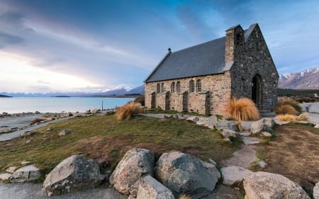 Church of the Good Shepherd - New Zealand, lake, church, rocks