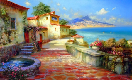 Sea view - summer, beautiful, sea, sailboats, village, countryside, view, painting, houses, peaceful, art