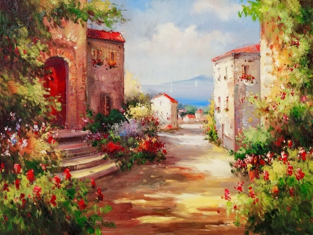 Tuscan summer - summer, town, Tuscan, beautiful, mediterranean, sea, village, flowers, street, view, painting, Italy, picturesque, houses, art