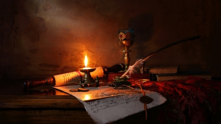 Still LIfe - table, candle, notes, still life