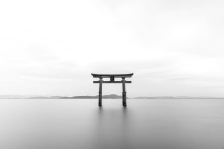 Torii Gate - torii, nature, ocean, japan, gate, monochrome, scenery, japanese