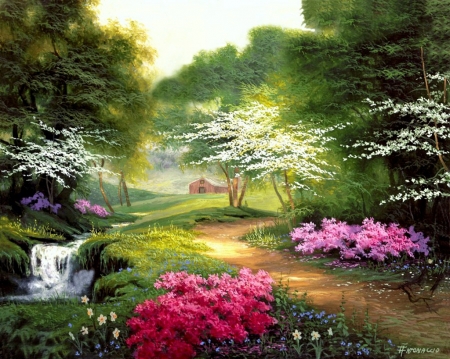 Springtime Park - flowers, path, trees, painting, creek, artwork, blooming