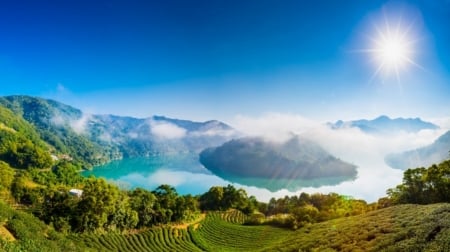 Emerald Lake - mountains, water, landscape, island, sun