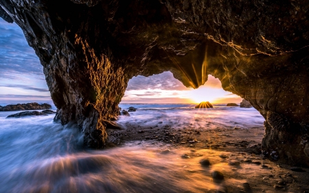 sunset throuh a cave - fun, sunset, nature, beach, ocean, cool