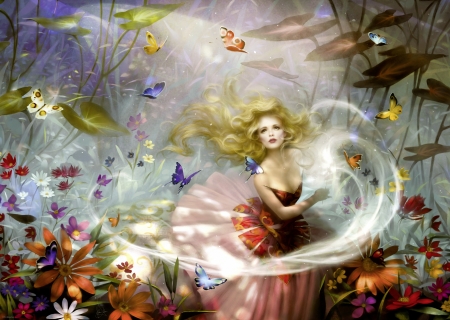 Make a Wish - pretty, butterflies, beautiful, girl, flowers, fantasy, nature, digital, woman, fairy, nice, fine, art