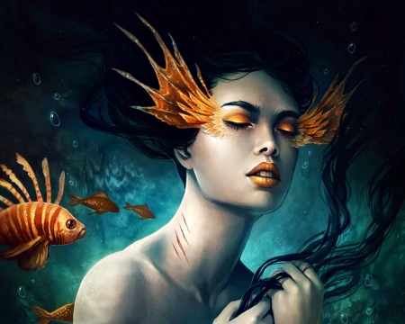 Mermaid - summer, water, luminso, girl, blue, art, fantasy, jojoesart, mermaid, fish, orange