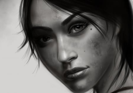 Lara Croft - bw, fantasy, portait, white, balck, face, tomb raider, game, lara croft