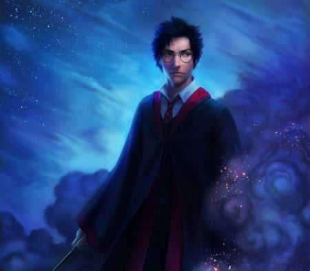 Harry Potter - wizard, blue, guy, man, boy, fantasy, harry potter, fanart, art, luminos